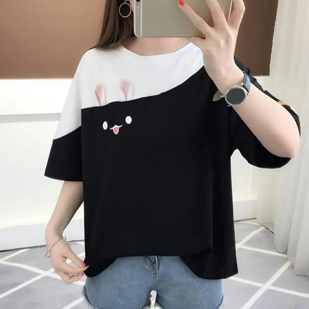 Women T-shirt Color Block Bunny Ear Decor Round Neck Short Sleeves Match Pants Loose Kawaii Cartoon Women Top Women Clothes
Women T-shirt Color Block Bunny Ear Decor Round Neck Short Sleeves Match Pants Loose Kawaii Cartoon Women Top Women Clothes