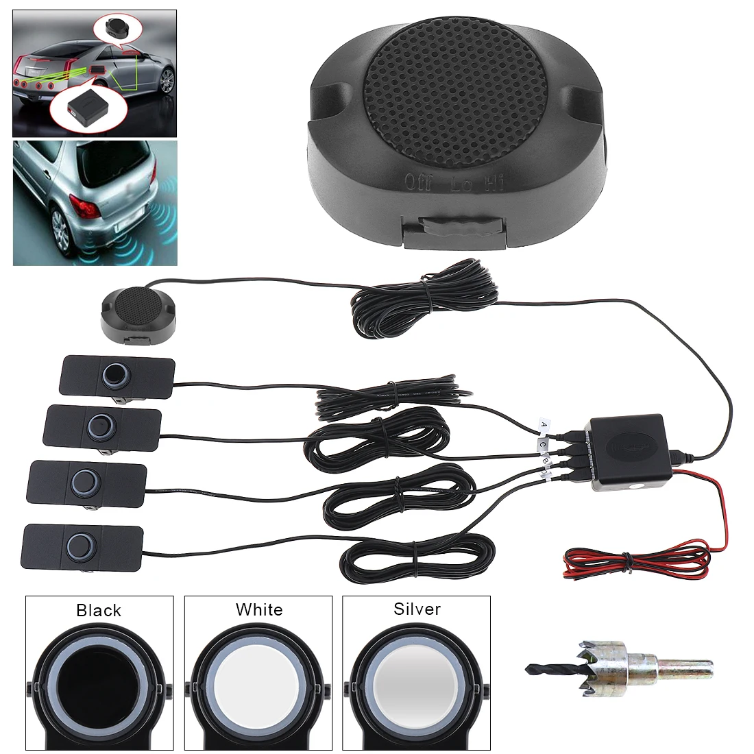 

4 Black / Silver / White 16.5mm Car Video Parking Sensor Reverse Backup Radar Assistance Original Flat Sensors with Wings