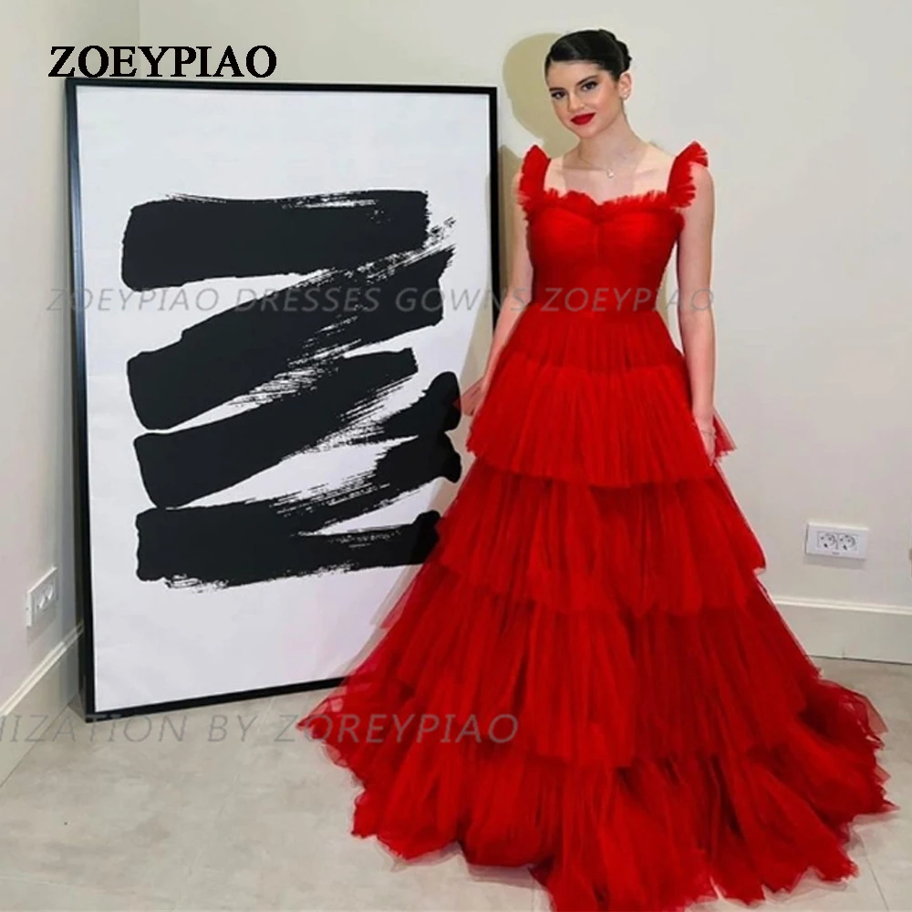 

Red Tulle Tiered Ball Gowns Evening Cocktail Dress Sweetheart Illusion A Line Sleeveless Formal Event Night Party Prom Gown