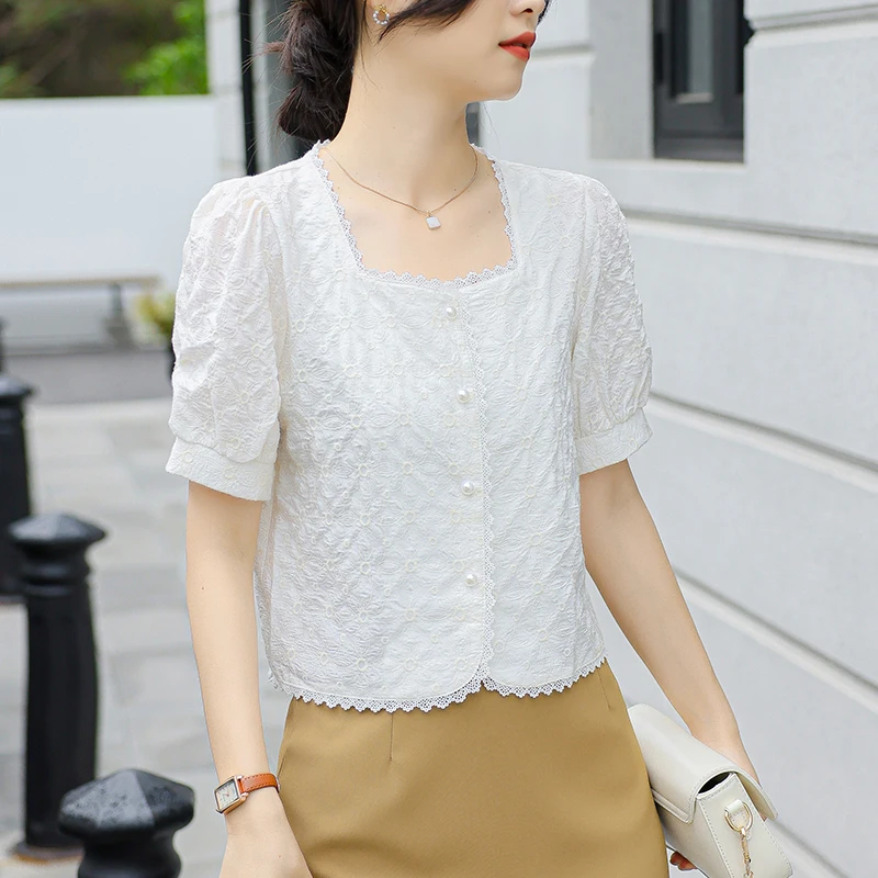 Summer Women's Square Neck Short Puff Sleep Bloom Female Summer Lace Chiffon Shirt Ladies Fashion Elegant Slim White Topac040
Summer Women's Square Neck Short Puff Sleep Bloom Female Summer Lace Chiffon Shirt Ladies Fashion Elegant Slim White Topac040
