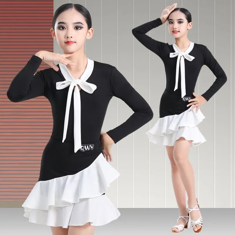 Girls Latin Dance Clothes Girls New Children Bow Collar Long-Sleeved Ruffle Skirt training Performance Clothes
Girls Latin Dance Clothes Girls New Children Bow Collar Long-Sleeved Ruffle Skirt training Performance Clothes