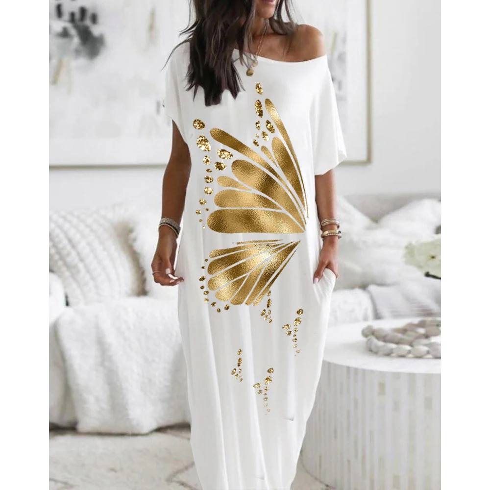 

2022 New Women Metallic Butterfly Pattern Pocket Detail Casual Homewear Maxi Long Dress Casual Loose Short Sleeve Women Clothes