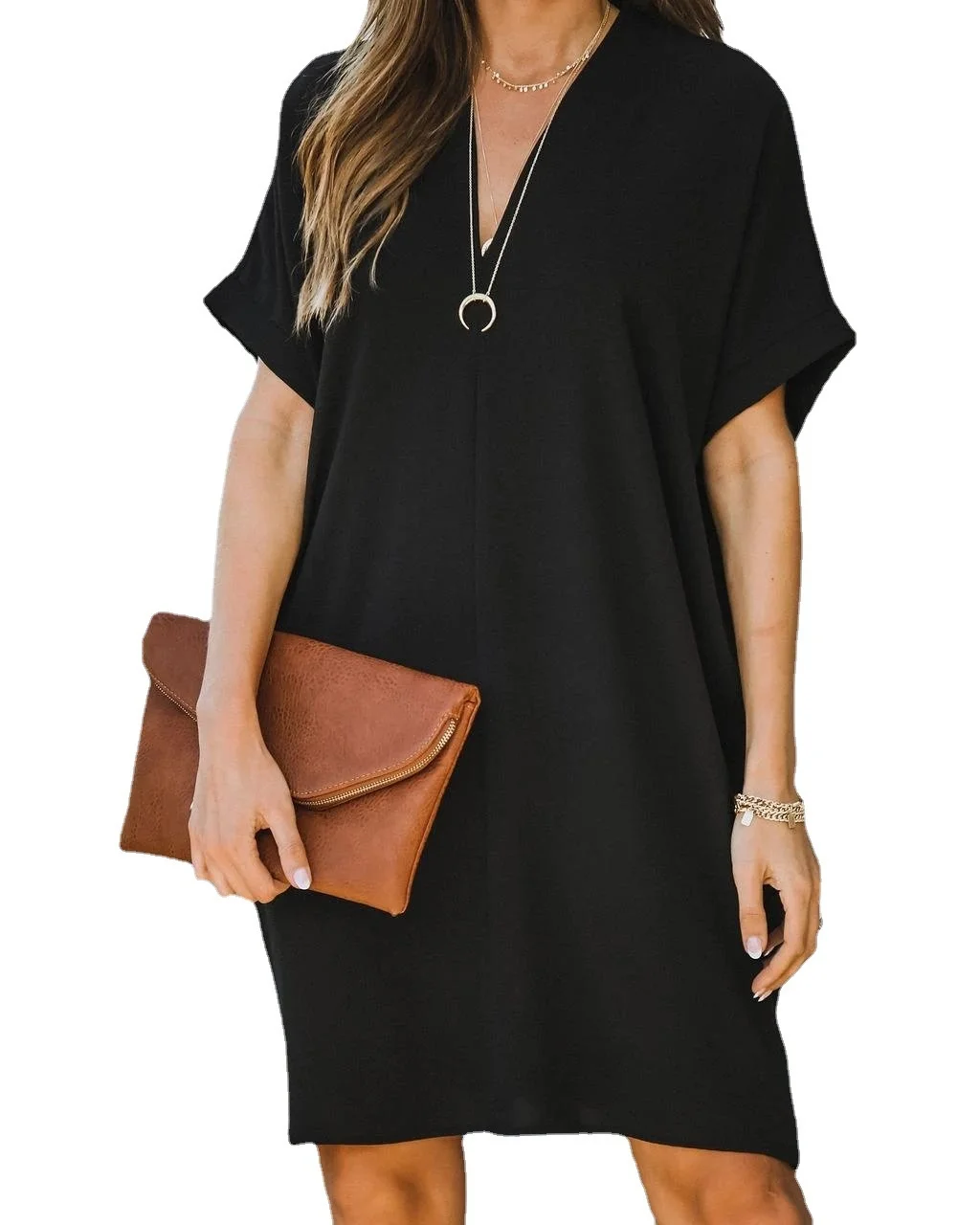 2023 Women's V-neck Short Sleeved Solid Color Loose Fitting Dress Female Summer Breathable Cool Dress
2023 Women's V-neck Short Sleeved Solid Color Loose Fitting Dress Female Summer Breathable Cool Dress