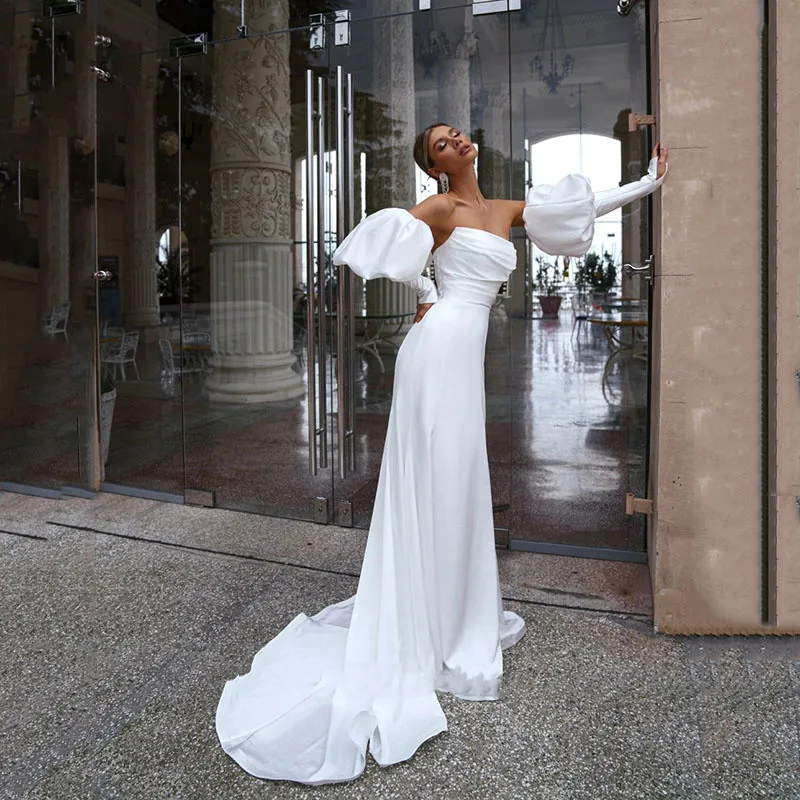 Boho Satin Mermaid Wedding Dress 2022 With Long Detachable Puffy Sleeves Elegant Strapless Zipper Backless Bridal Dress For Wome
Boho Satin Mermaid Wedding Dress 2022 With Long Detachable Puffy Sleeves Elegant Strapless Zipper Backless Bridal Dress For Wome