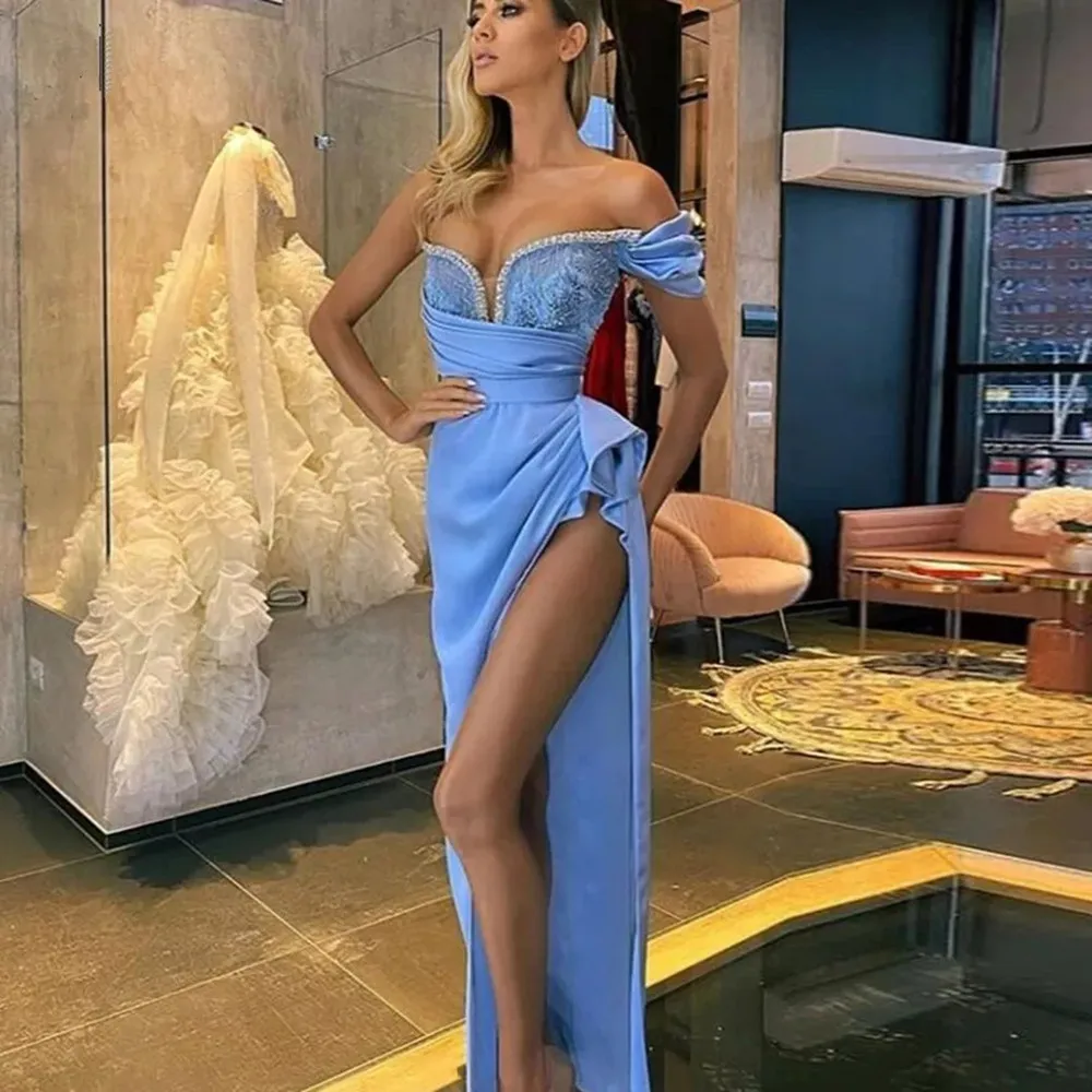 Blue Satin Mermaid Prom Dresses Beading Pleat Saudi Arabia High Side Split Evening Gown Formal Party Dress
Blue Satin Mermaid Prom Dresses Beading Pleat Saudi Arabia High Side Split Evening Gown Formal Party Dress