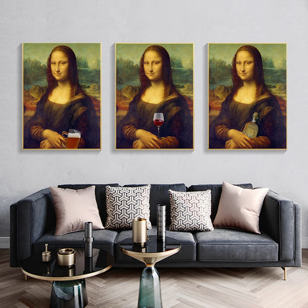 

Vintage Minimalism Mona Lisa Poster Wall Art Canvas Prints Beer Wine Painting Modular Pictures Living Room Modern Home Decor