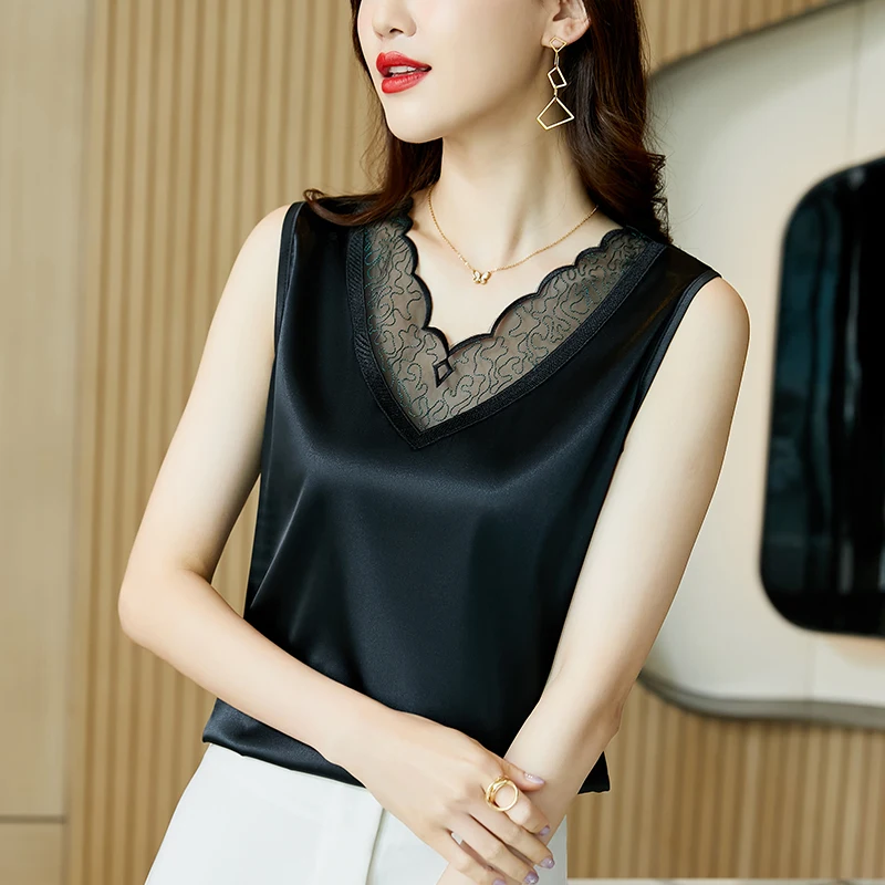 White Summer New Design Top Women Satin Lace Sleeveless Tank Tops Solid Casual Womens Clothes Black Tops For Women 
White Summer New Design Top Women Satin Lace Sleeveless Tank Tops Solid Casual Womens Clothes Black Tops For Women