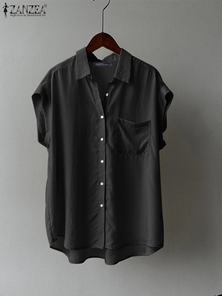 

Рубашка ZANZEA женская оверсайз с закругленным подолом, свободная блузка с коротким рукавом, сорочка с лацканами, однотонный Повседневный Топ, лето 2023