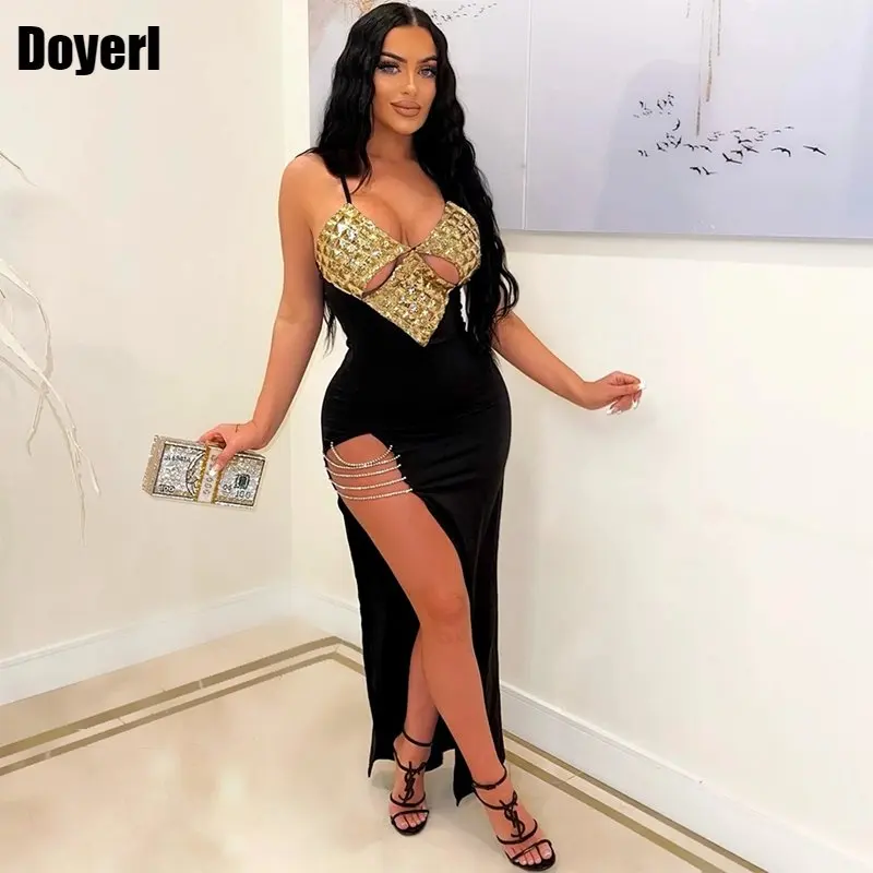 Gold Patchwork Sexy Party Long Dresses for Women Elegant High Quality Chain Side High Split Black Bodycon Evening Maxi Dress
Gold Patchwork Sexy Party Long Dresses for Women Elegant High Quality Chain Side High Split Black Bodycon Evening Maxi Dress