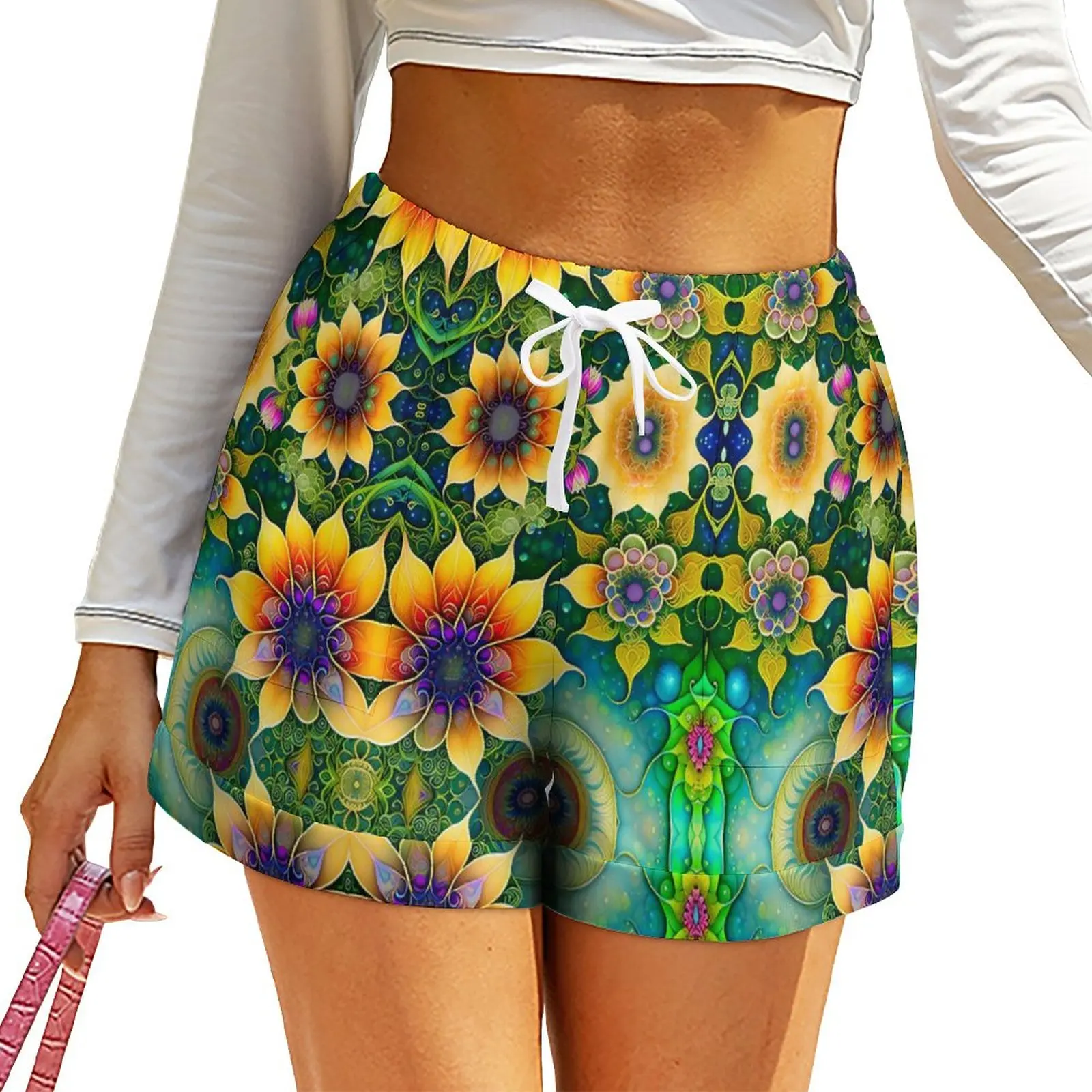 

Sunflower Shorts Female Floral Print Casual Design Shorts Elastic Waist Oversize Short Pants Cute Bottoms