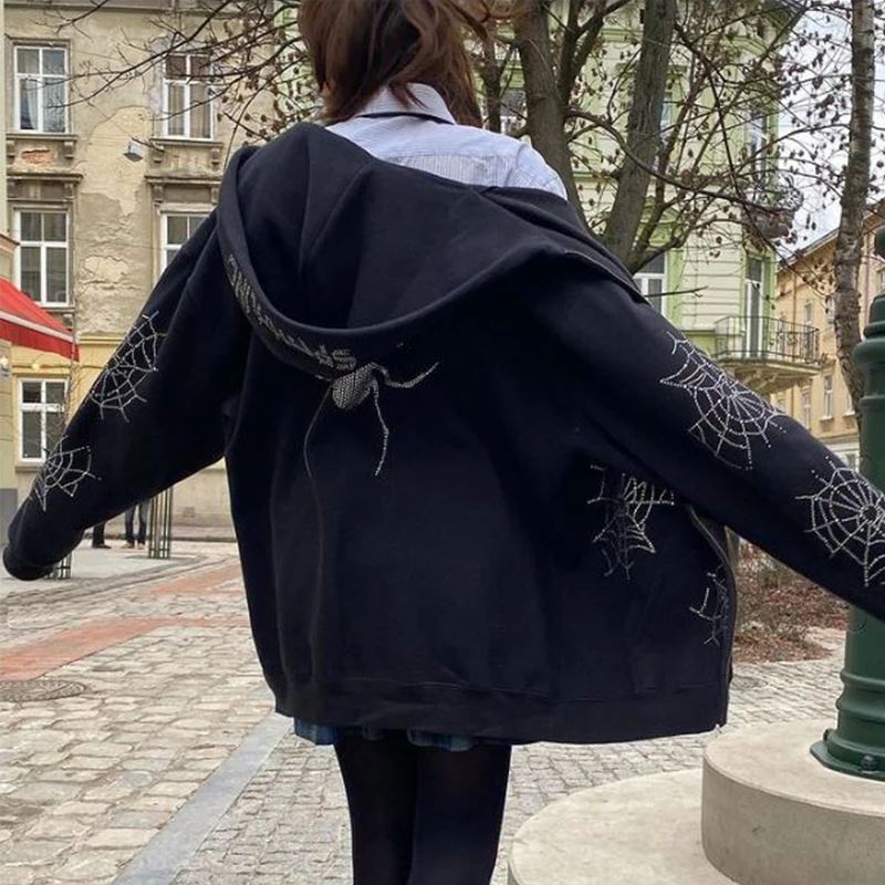 Зимняя одежда для женщин Y2k Harajuku Стразы Cobweb Принт толстовки с капюшоном хип-хоп свободные пары аниме на молнии свитер с капюшоном
Зимняя одежда для женщин Y2k Harajuku Стразы Cobweb Принт толстовки с капюшоном хип-хоп свободные пары аниме на молнии свитер с капюшоном