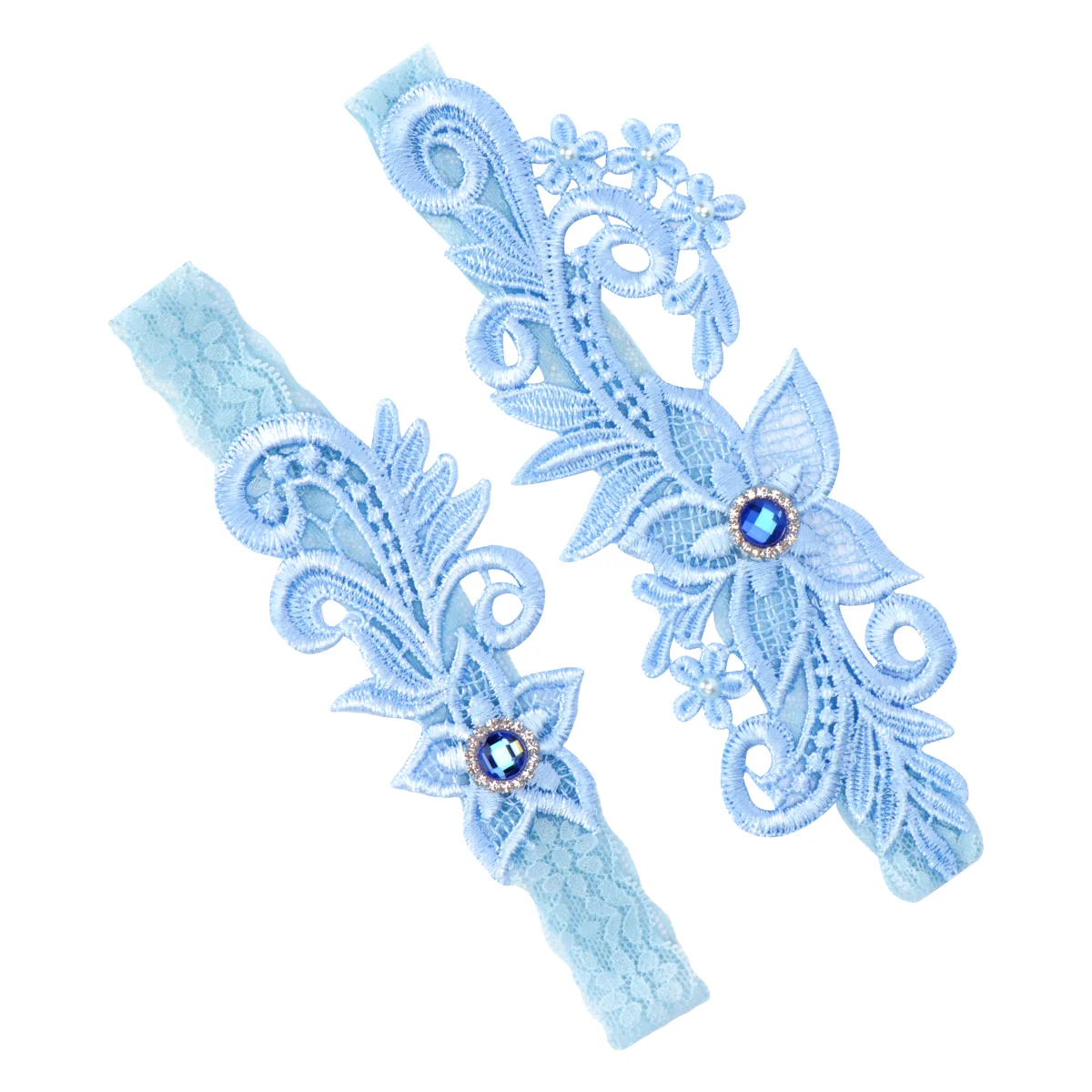 

1 Pair Western Wedding Bride Garter Lace Rhinestone Bridal Foot Decor Floral Ornaments (Light Blue)