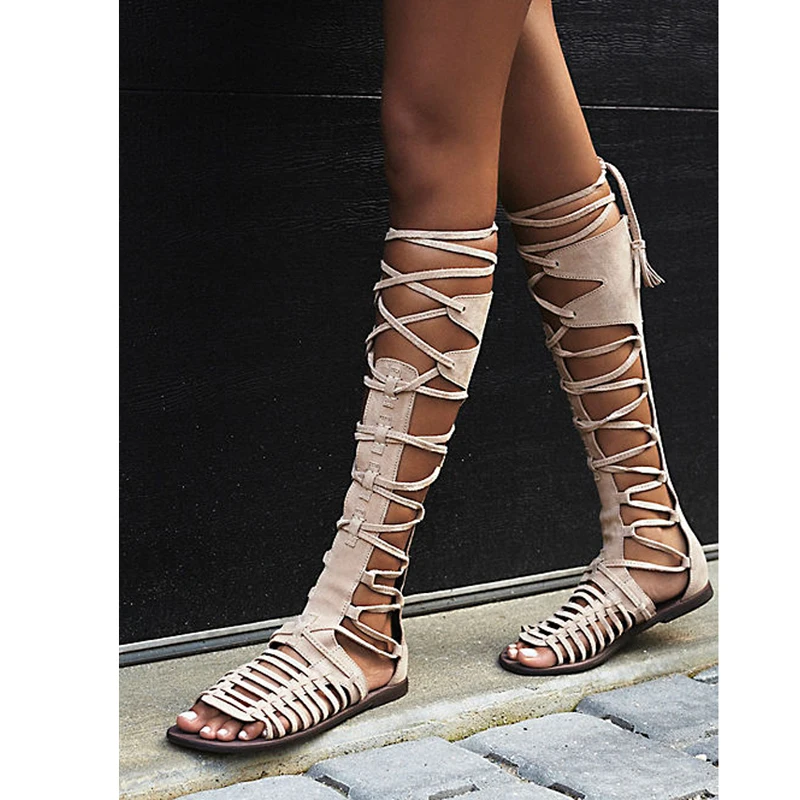 

Summer Suede Leather Fretwork Cross Lace Up Flat Knee High Boots Peep Toe Gladiator Cut out Fringed Bandage Sandals Boots