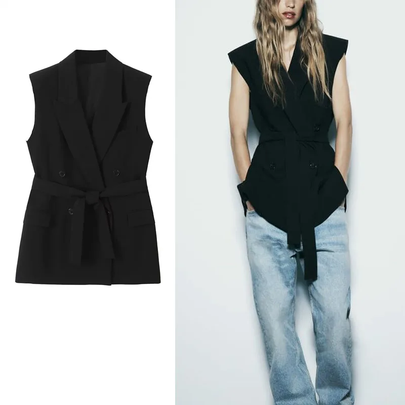 TRAF Black Long Vests For Woman Lapel Sleeveless Long Blazer Vests Fashion Belt Double Breasted Vest 2023 Autumn Slim Waistcoat
TRAF Black Long Vests For Woman Lapel Sleeveless Long Blazer Vests Fashion Belt Double Breasted Vest 2023 Autumn Slim Waistcoat