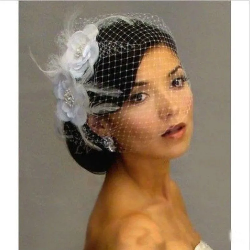 

Lace Birde Cage Wedding Flower White Veil Face Short Feather Birdcage Netting Vintage Fascinator Bride Hats with Veil
