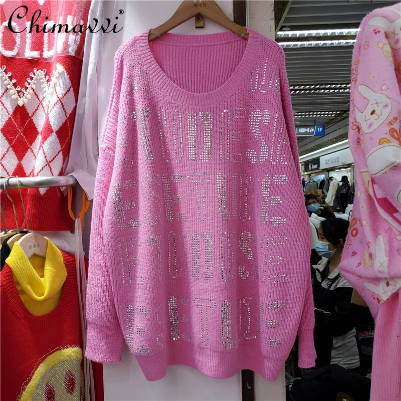 European 2022 Spring New Ladies Korean Letters Rhinestone Knitted Top Women's Fashion Idle Style Loose O-neck Pullover Sweater
European 2022 Spring New Ladies Korean Letters Rhinestone Knitted Top Women's Fashion Idle Style Loose O-neck Pullover Sweater