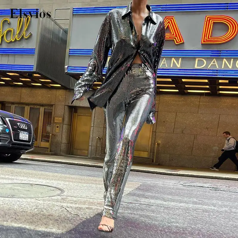 Elegant Lapel Button Shirt Suit Sexy Bling Shiny Women 2pc Sets Fashion Long Sleeve Blouse Tops & Flare Pants Outfits Streetwear
Elegant Lapel Button Shirt Suit Sexy Bling Shiny Women 2pc Sets Fashion Long Sleeve Blouse Tops & Flare Pants Outfits Streetwear