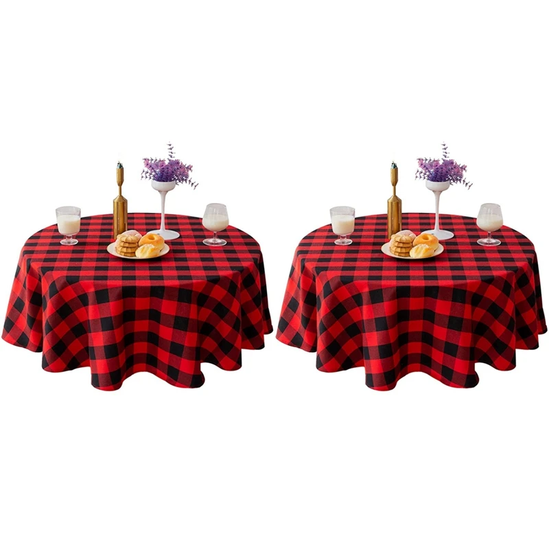 

2Pcs 55 Inch Buffalo Plaid Round Tablecloth Checkered Round Table Cover For Wedding Kitchen Dinning Room Red And Black