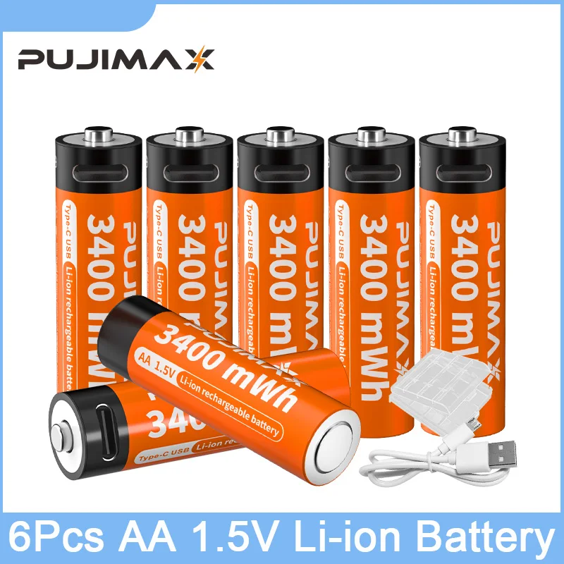 PUJIMAX AA Li-ion Batteries 3400mWh 6Pcs 1.5V Rechargeable Lithium Batteries Support Type C Fast Charging With LED Indicator 
PUJIMAX AA Li-ion Batteries 3400mWh 6Pcs 1.5V Rechargeable Lithium Batteries Support Type C Fast Charging With LED Indicator