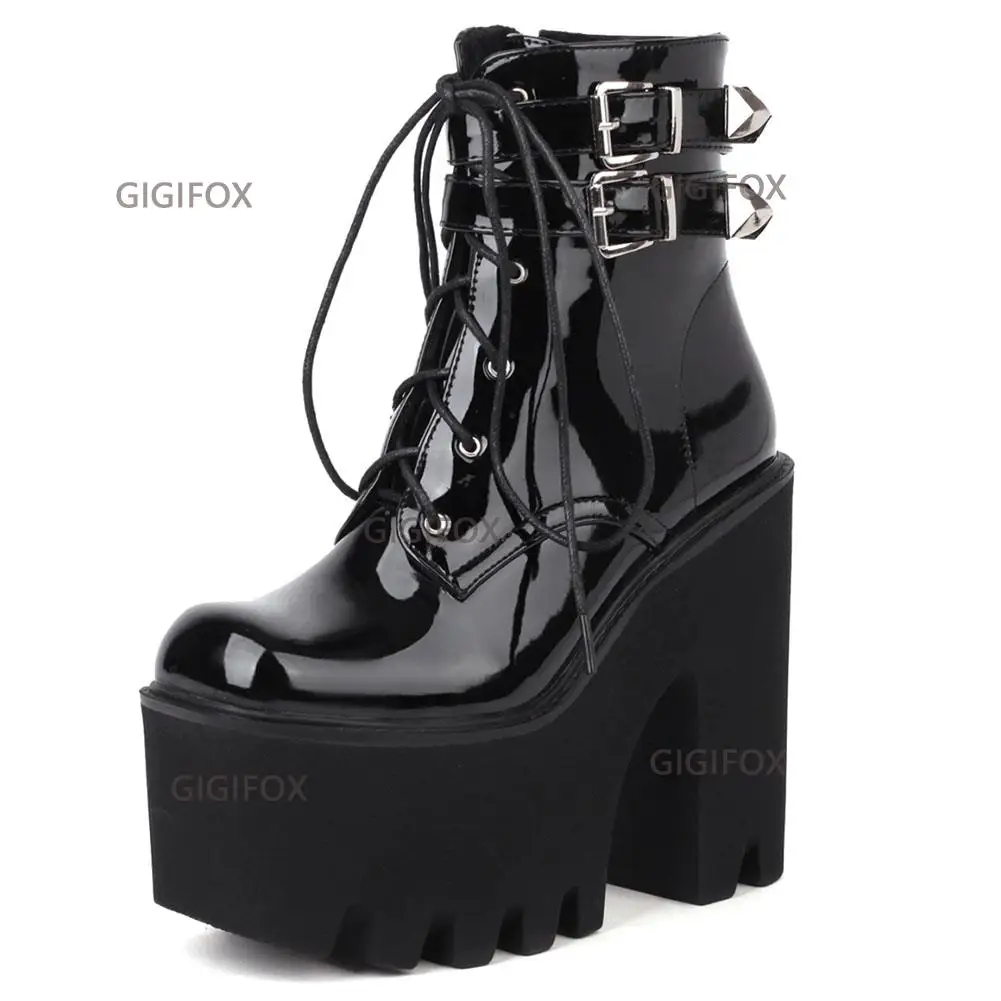 

Женские ботильоны на массивном каблуке GIGIFOX, черные ботильоны на платформе в стиле панк с пряжкой, на шнуровке, мотоциклетные ботинки в готическом стиле, большой размер 43, для осени, 2019