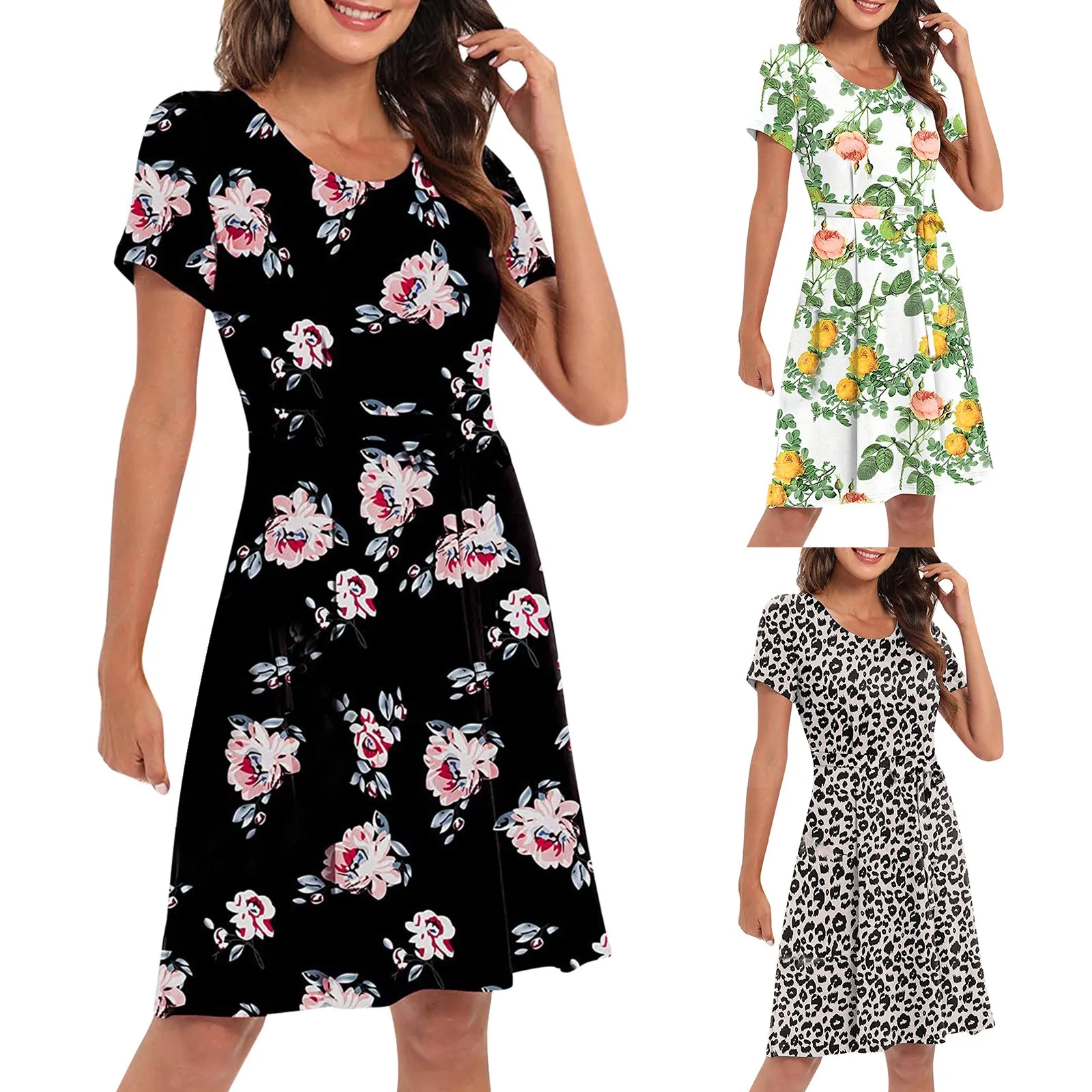 Женское летнее платье с коротким рукавом и круглым вырезом, с принтом 
Женское летнее платье с коротким рукавом и круглым вырезом, с принтом
