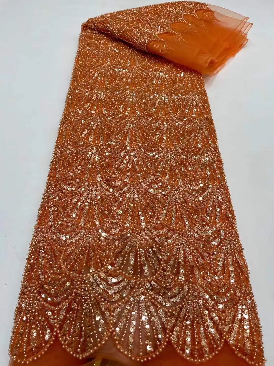 New Orange Luxury African Sequin Lace Fabric 2023 French Net Sequence 3D Embroidery Nigerian Party Gold Line Material
New Orange Luxury African Sequin Lace Fabric 2023 French Net Sequence 3D Embroidery Nigerian Party Gold Line Material