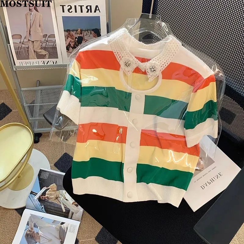 Summer Rainbow Striped Knitted Pullover Tops Women Hollow Collar Short Sleeve Knitwear Sweet Fashion Korean Ladies Jumpers 2022
Summer Rainbow Striped Knitted Pullover Tops Women Hollow Collar Short Sleeve Knitwear Sweet Fashion Korean Ladies Jumpers 2022