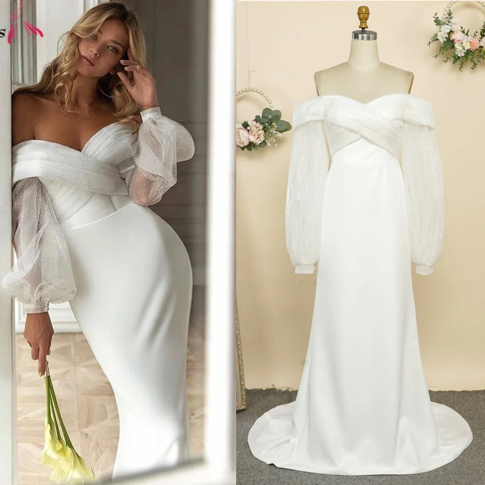 Mermaid Boho Style Sheer Long Puff Sleeves Minimalist Off-The-Shoulder Wedding Dress Bridal Gowns Bride Dress Vestido De Noiva 
Mermaid Boho Style Sheer Long Puff Sleeves Minimalist Off-The-Shoulder Wedding Dress Bridal Gowns Bride Dress Vestido De Noiva