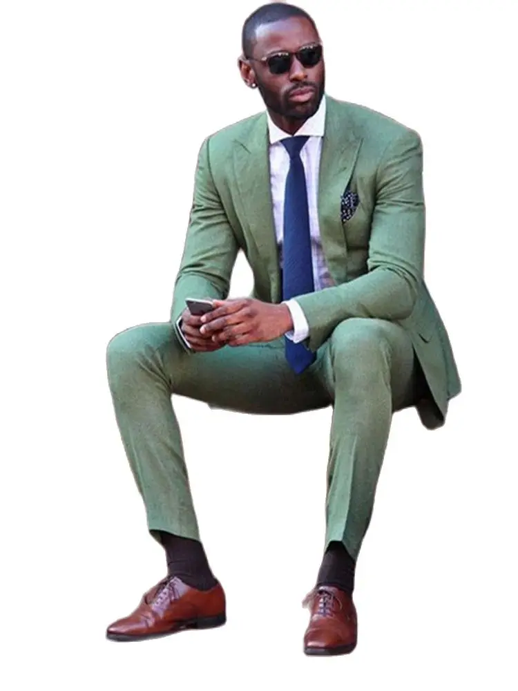 

Veiai Men Suits Fashion slim fit new Army Green linen Men Suit wedding Party Prom Tuxedo Mens Casual Wear Suits (Jacket+Pants)