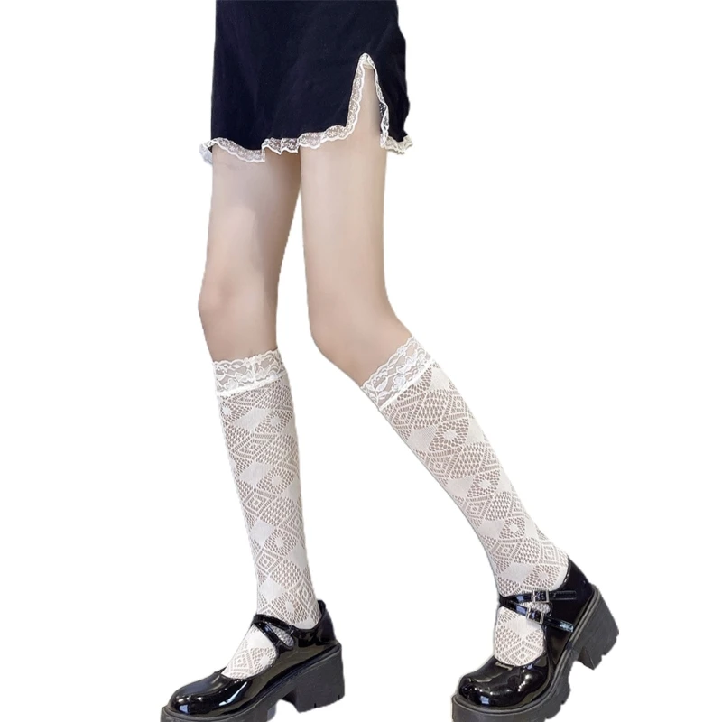 

Women Gothic Fishnet Calf Socks Japanese Lolita Kawaii Lace Top Splicing Heart Plaid Striped Jacquard High Tube Stocking