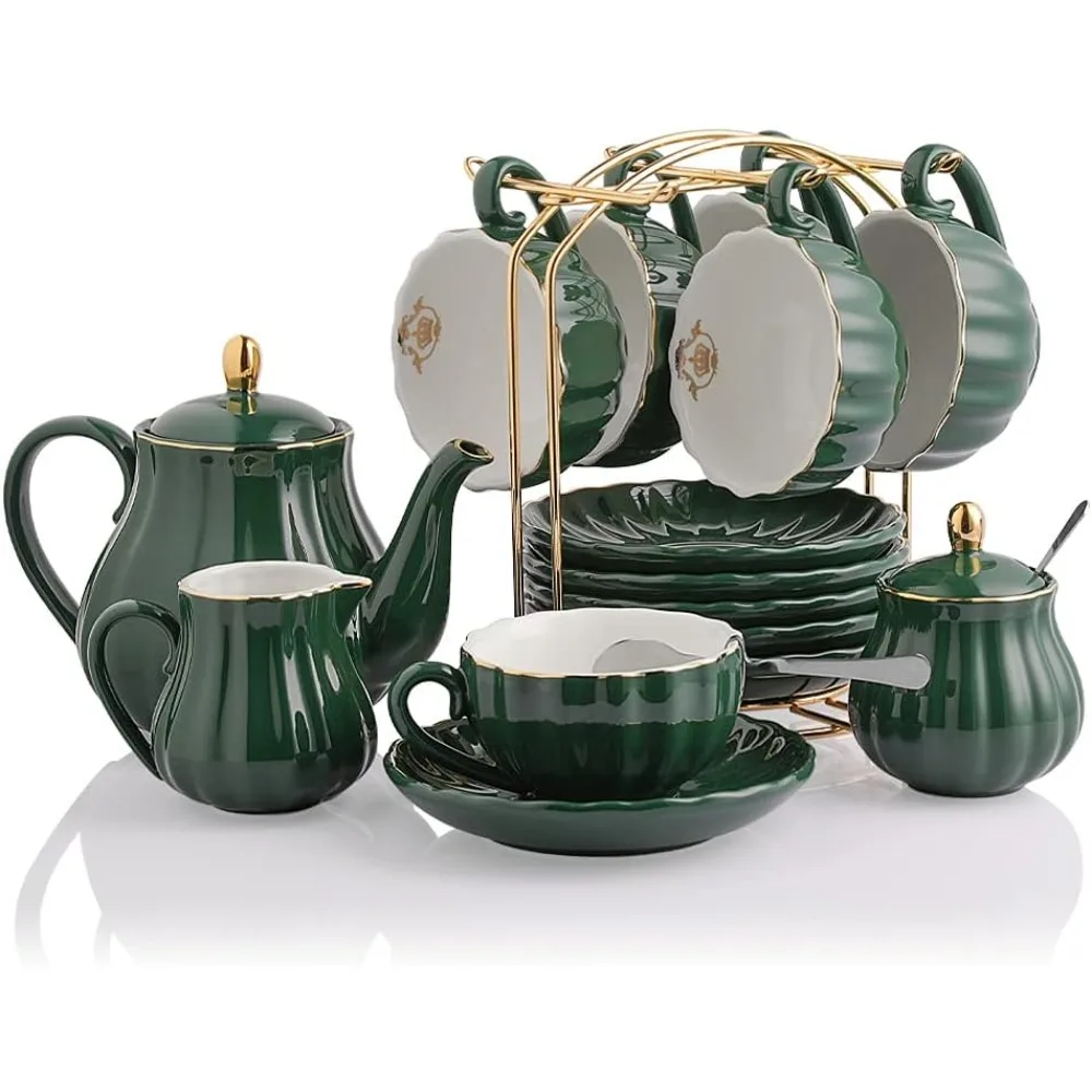 

8 OZ Cups& Saucer Service for 6, with Teapot Sugar Bowl Cream Pitcher Teaspoons and Tea Strainer tea set tea pot set