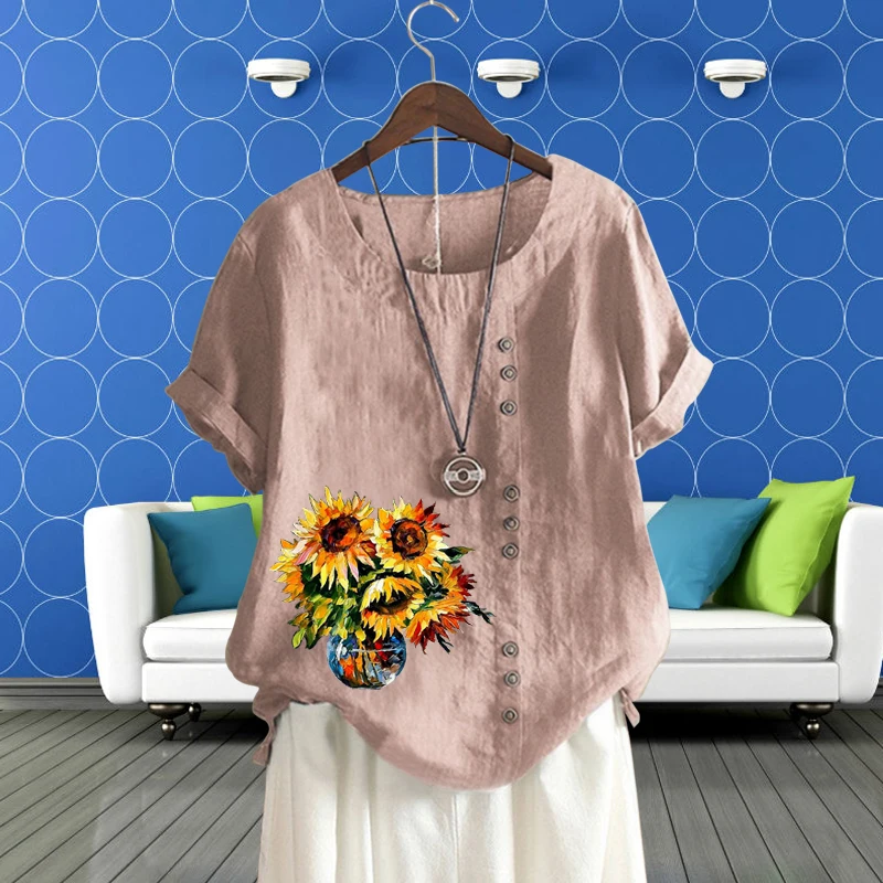 Short Sleeve Women's Clothing Popular Sunflowe Pattern T Shirt O Neck Top for Lady Cotton Linen Casual Summer Pullover Top
Short Sleeve Women's Clothing Popular Sunflowe Pattern T Shirt O Neck Top for Lady Cotton Linen Casual Summer Pullover Top