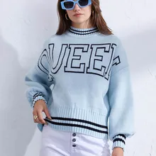 Oversized Knitted Sweater Women Pink White Blue Vintage Ribbed Striped Sweater Winter Warm Queen Graphic Sweaters For Women 2023