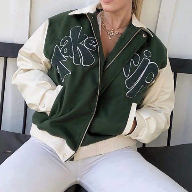 Autumn TAKE A TRIP Bomber Jacket Women Letter Applique Loose Baseball Jacket 2021 New Grass Green Coat Outerwear Contrast Sleeve 
Autumn TAKE A TRIP Bomber Jacket Women Letter Applique Loose Baseball Jacket 2021 New Grass Green Coat Outerwear Contrast Sleeve