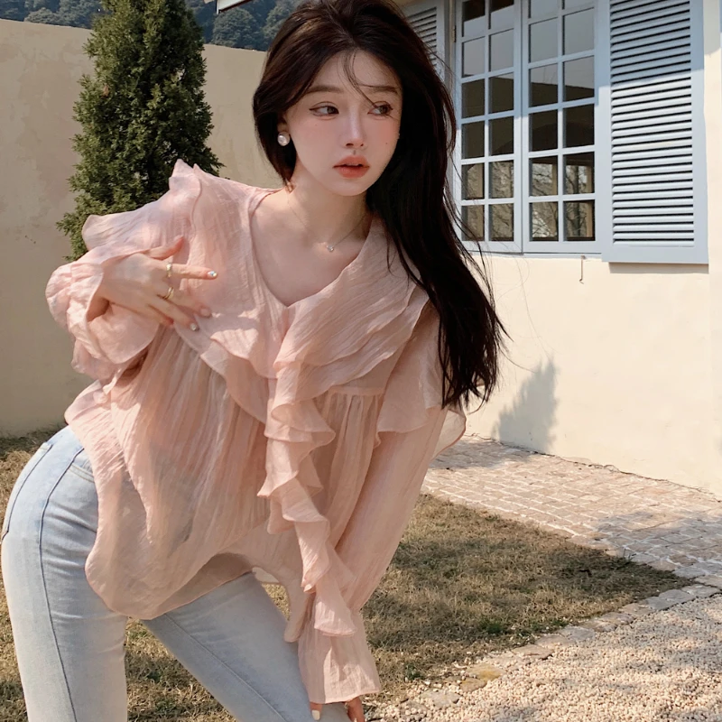 Pink super fairy Ruffle Chiffon loose long sleeve V-neck sweet shirt women tops 520g, 329-3
Pink super fairy Ruffle Chiffon loose long sleeve V-neck sweet shirt women tops 520g, 329-3