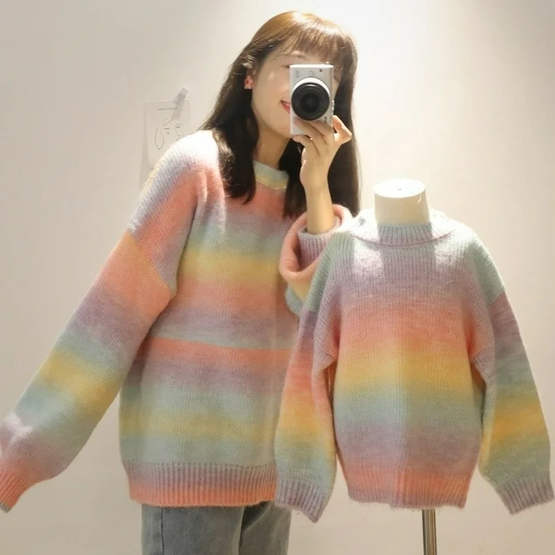 Autumn Winter New Mother and Daughter Family Matching Outfits Rainbow Striped Pullover Knitting Sweaters Korean Women Girls Tops
Autumn Winter New Mother and Daughter Family Matching Outfits Rainbow Striped Pullover Knitting Sweaters Korean Women Girls Tops