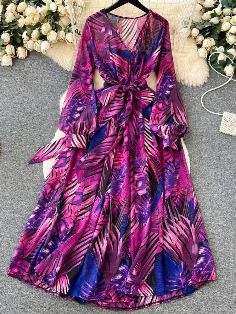 Осеннее Женское Платье макси с цветочным принтом, Элегантное повседневное длинное платье в стиле бохо, женское пляжное вечерние с v-образным вырезом, женские платья