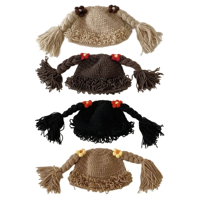 

Newborn Bonnet Cap Winter Hat Baby Girl Pigtail Braid Wig Cap Crochet Knitted Hats Beanie Hat for Girls Aged 6-48 Months