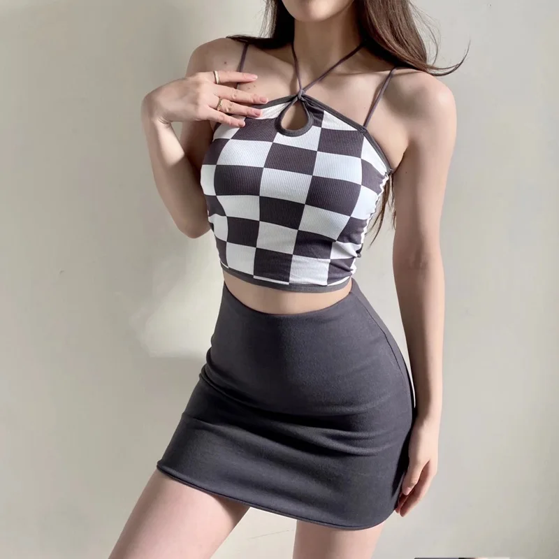 Women Tank Crop Top Sexy Plaid Design Sleeveless Backless Halter Seamless Integrated Chest Pad Halternecks Crop Top
Women Tank Crop Top Sexy Plaid Design Sleeveless Backless Halter Seamless Integrated Chest Pad Halternecks Crop Top