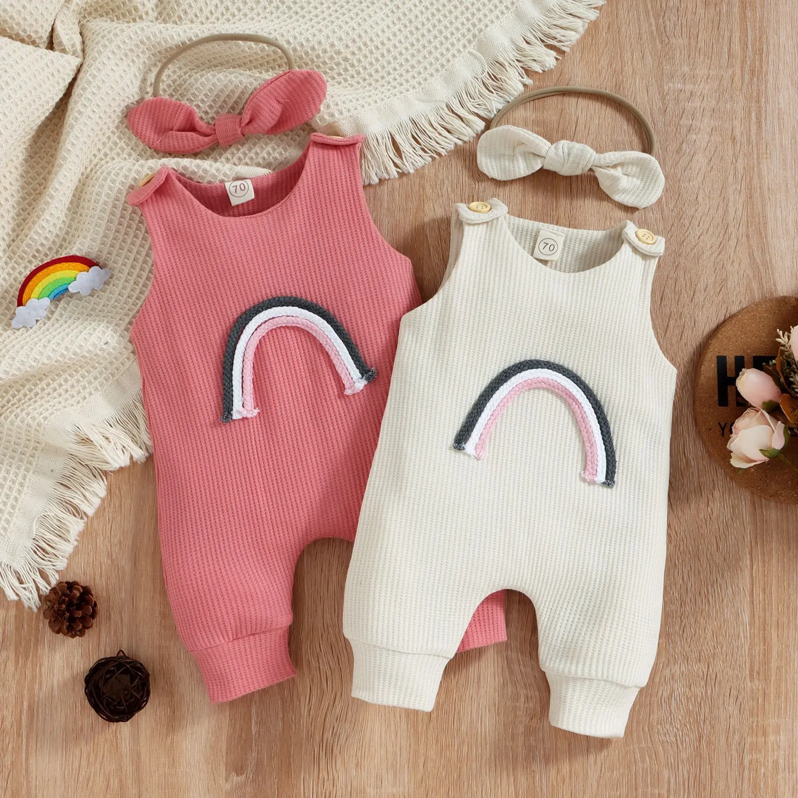 Toddler Girl Romper Baby Summer Clothes Infant Solid Waffle Rainbow Print Bodysuit + Pink Head Dress Children Casual Jumpsuit 
Toddler Girl Romper Baby Summer Clothes Infant Solid Waffle Rainbow Print Bodysuit + Pink Head Dress Children Casual Jumpsuit