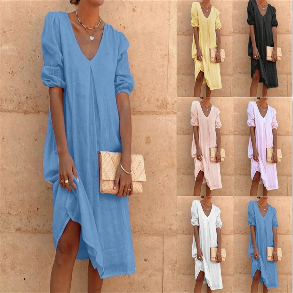 2023 European and American V-neck solid color fashion bubble mid-sleeve casual mid-length cotton hemp dress
2023 European and American V-neck solid color fashion bubble mid-sleeve casual mid-length cotton hemp dress