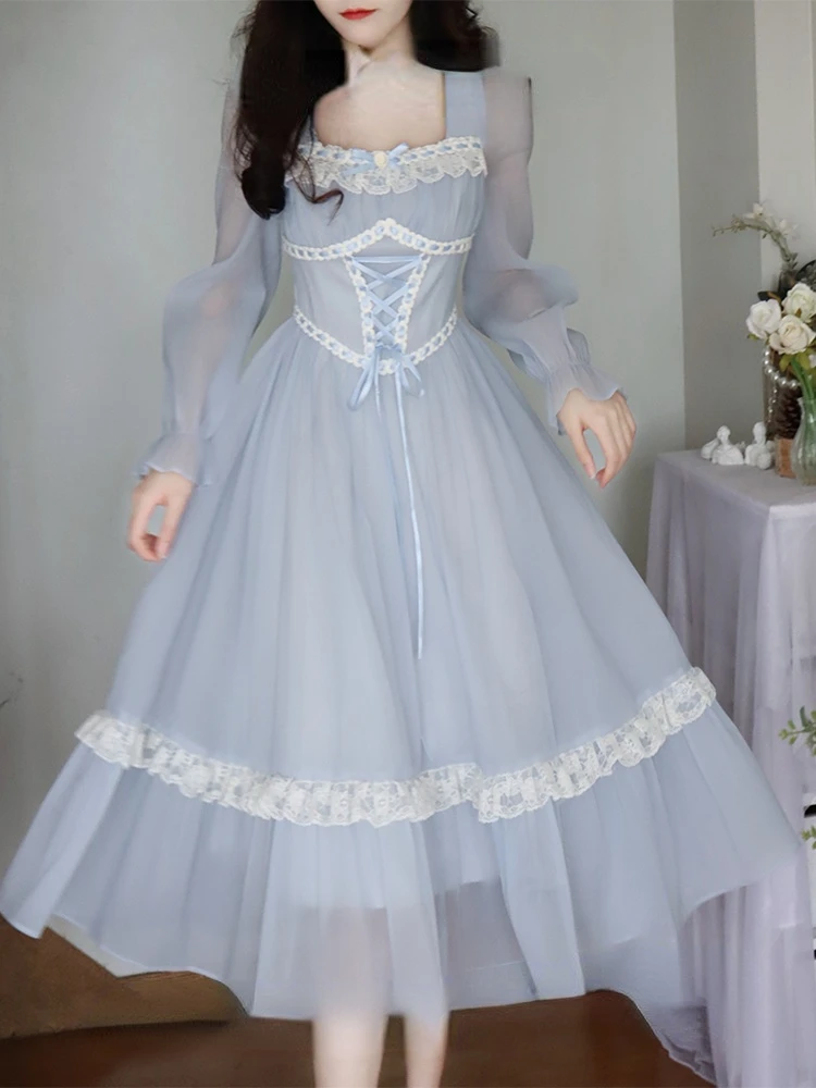 Женское винтажное Кружевное платье миди, синее элегантное праздничное платье с длинными рукавами и бантом в Корейском стиле, лето 2023 
Женское винтажное Кружевное платье миди, синее элегантное праздничное платье с длинными рукавами и бантом в Корейском стиле, лето 2023