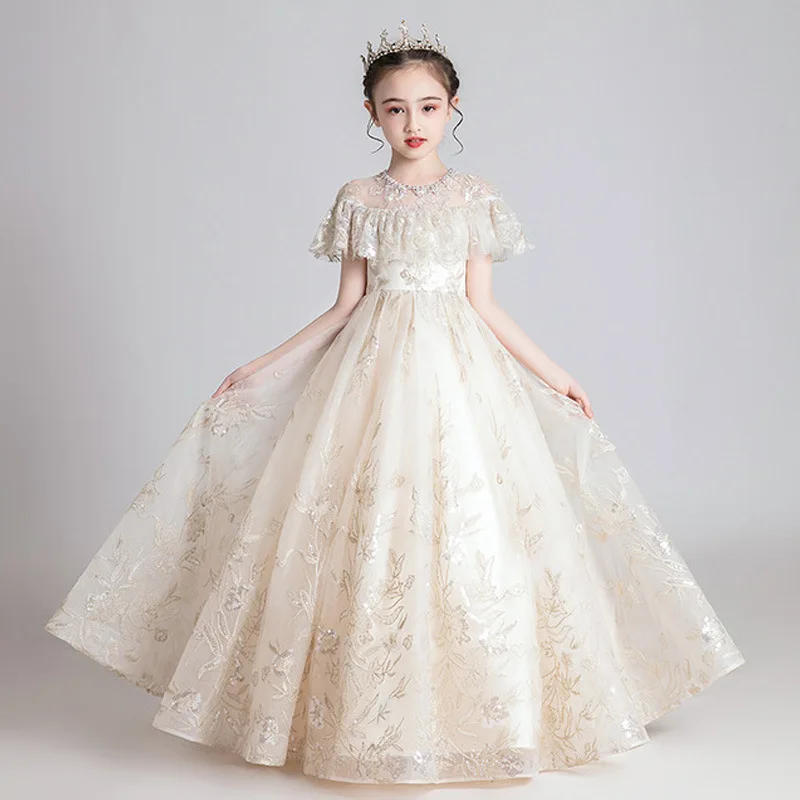 

Champagne girls' fluffy gauze foreign style flower girls' Wedding Dress Girls' host piano performance dress noble princess dress