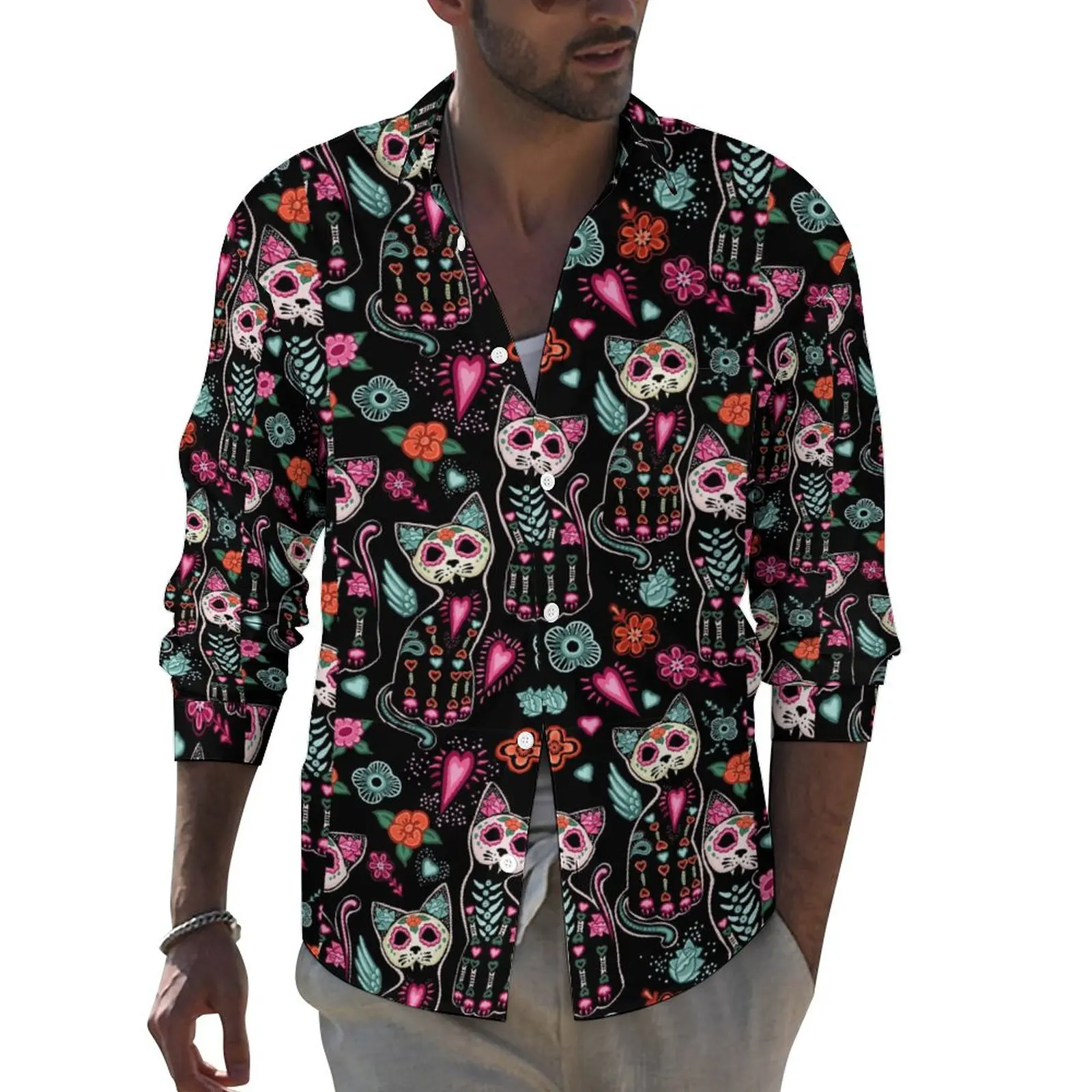 

Рубашка мужская оверсайз с длинным рукавом, Повседневная Блузка с рисунком кота, скелета, мексиканского черепа, Жуткий Ужас, в винтажном стиле, осень
