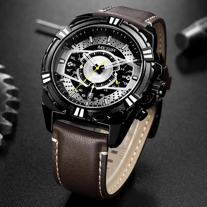 

MEGIR männer Quarz Uhren 2019 Neue Luxus Top Marke Chronograph Militär Sport Leder Armbanduhr Mann Relogios Uhr 2118 Rose