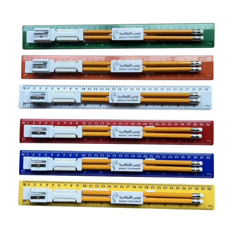 

Essential Back-to-School Supplies - 30cm Colored Ruler Set with Pencil Sharpener, Pencils and Erasers (Pack of 5)