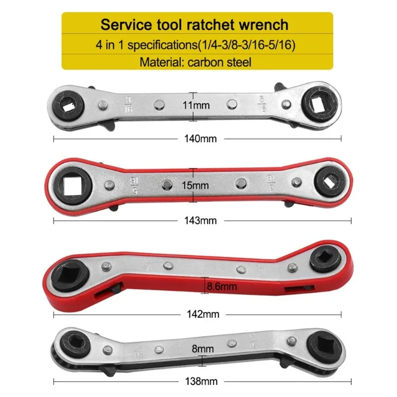 Ratchet Wrench 5/16 Spanner Refrigeration Adjustable Conditioning Service Wrench 4 Different Sizes - 1/4 x 3/16 x 3/8 Square
Ratchet Wrench 5/16 Spanner Refrigeration Adjustable Conditioning Service Wrench 4 Different Sizes - 1/4 x 3/16 x 3/8 Square