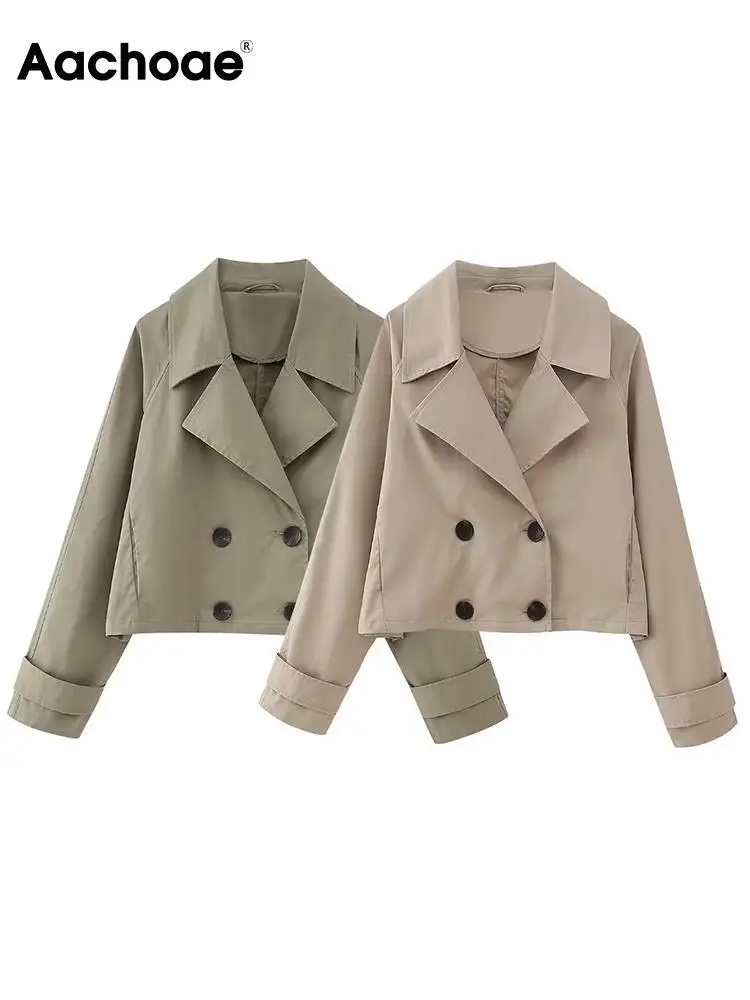

Aachoae Women Fashion Solid Color Trench Casual Turn Down Collar Long Sleeve Outerwear Tops Ladies Double Breasted Trench