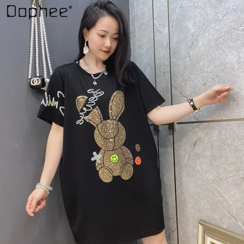 Graphic Rhinestone Black Tees Women 2022 Summer New Loose Short Sleeved Cartoon T-shirt Heavy Casual Mid-Length Tee Top Ladies
Graphic Rhinestone Black Tees Women 2022 Summer New Loose Short Sleeved Cartoon T-shirt Heavy Casual Mid-Length Tee Top Ladies