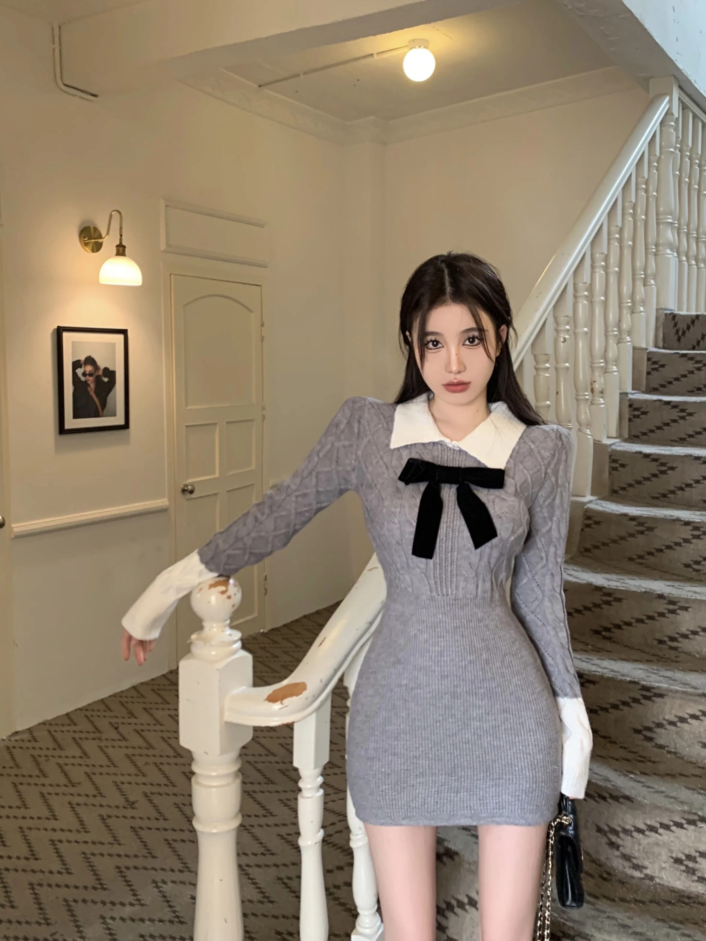 Трикотажное облегающее платье, базовое женское эластичное платье-свитер с бантом, новинка весны 2023, Короткие лоскутные платья мини 
Трикотажное облегающее платье, базовое женское эластичное платье-свитер с бантом, новинка весны 2023, Короткие лоскутные платья мини